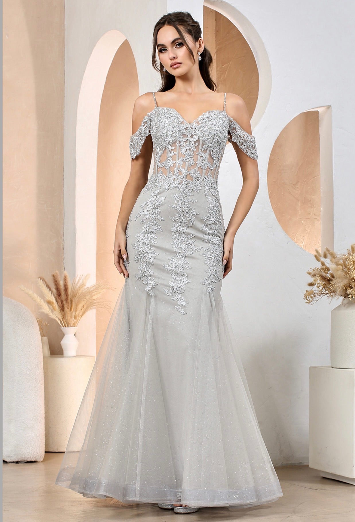 Floral Embroidery Sequin Sheer Bodice Mesh Mermaid Long Dress. 3156 BY ADORA DESIGN
