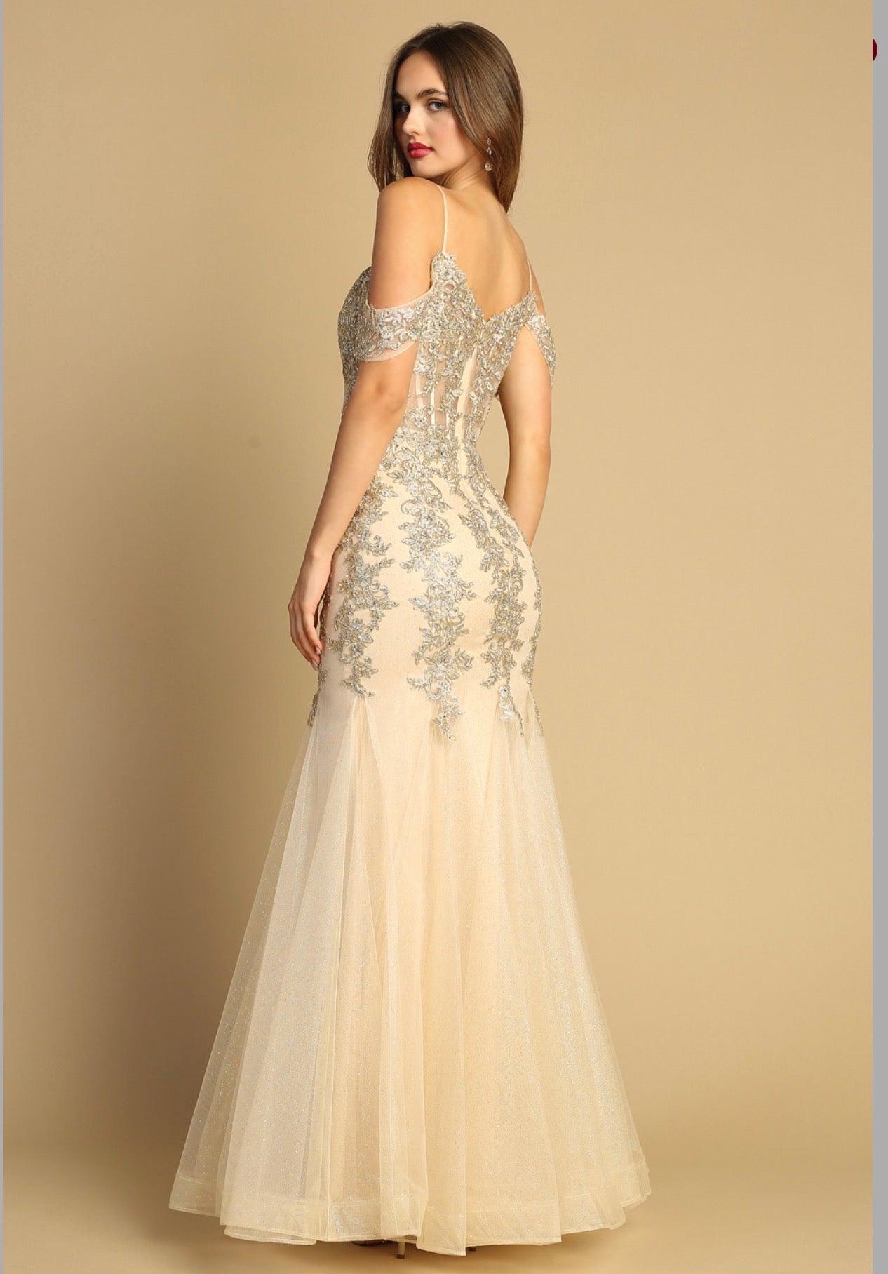 Floral Embroidery Sequin Sheer Bodice Mesh Mermaid Long Dress. 3156 BY ADORA DESIGN