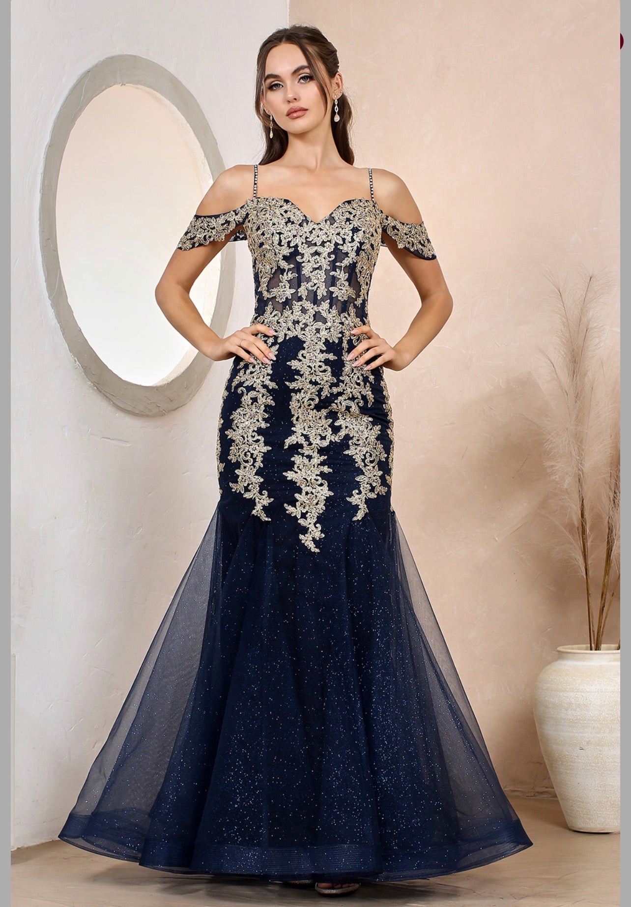 Floral Embroidery Sequin Sheer Bodice Mesh Mermaid Long Dress. 3156 BY ADORA DESIGN