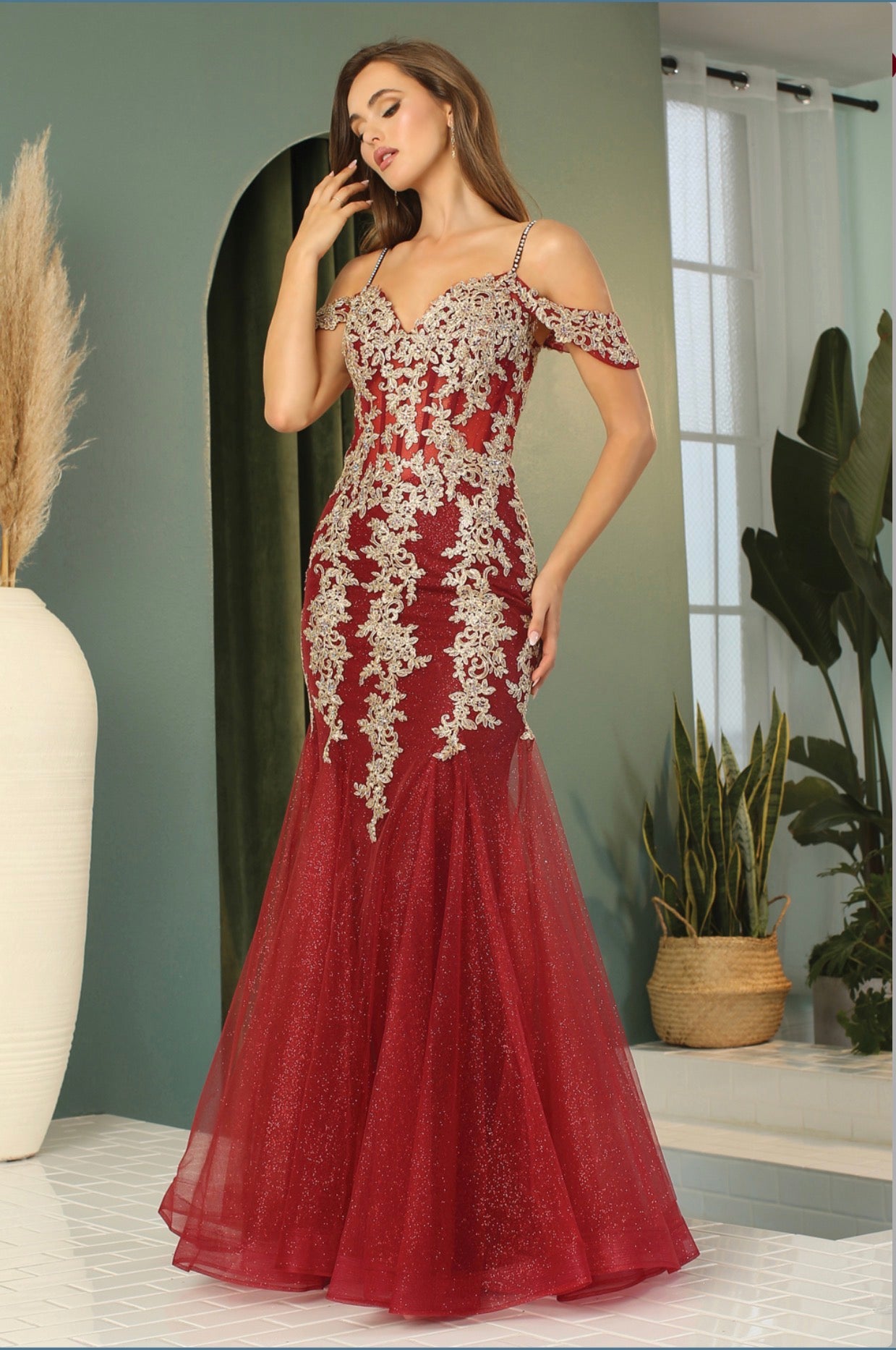 Floral Embroidery Sequin Sheer Bodice Mesh Mermaid Long Dress. 3156 BY ADORA DESIGN