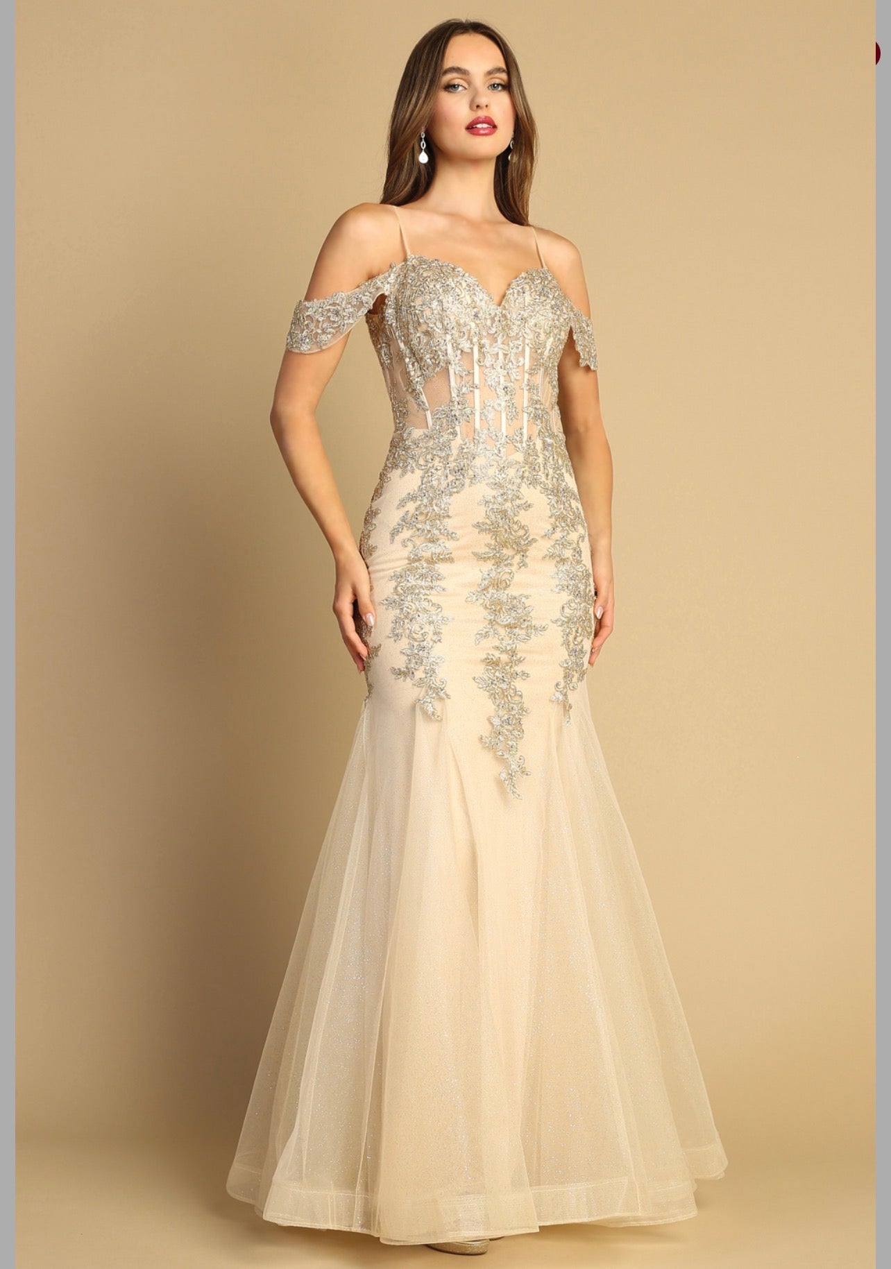 Floral Embroidery Sequin Sheer Bodice Mesh Mermaid Long Dress. 3156 BY ADORA DESIGN