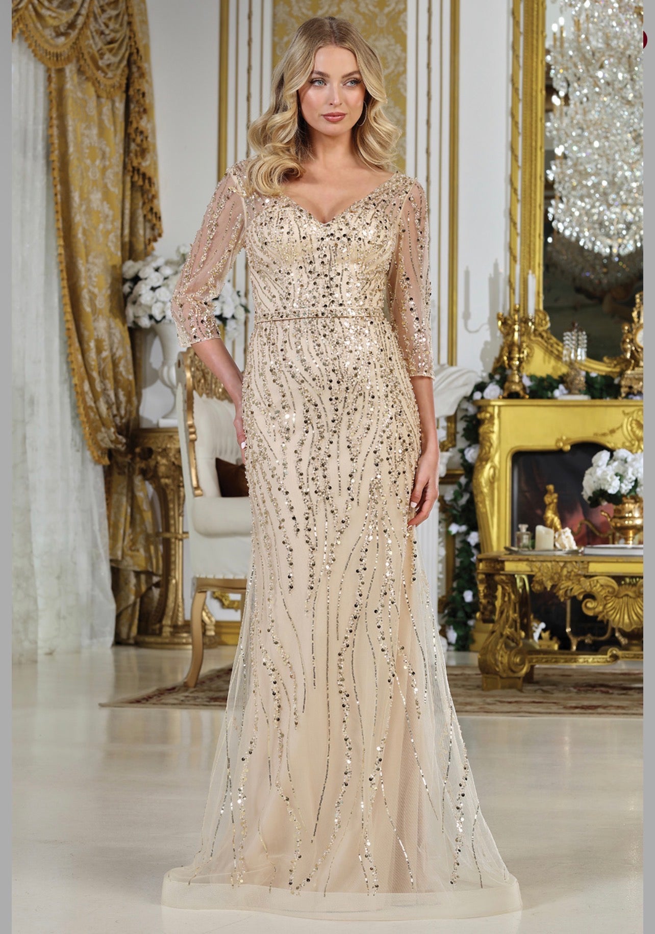Look opulent in this richly decorated dress with beads and sequins forming wavy patterns throughout. 3328-03 BY ADORA DESIGN