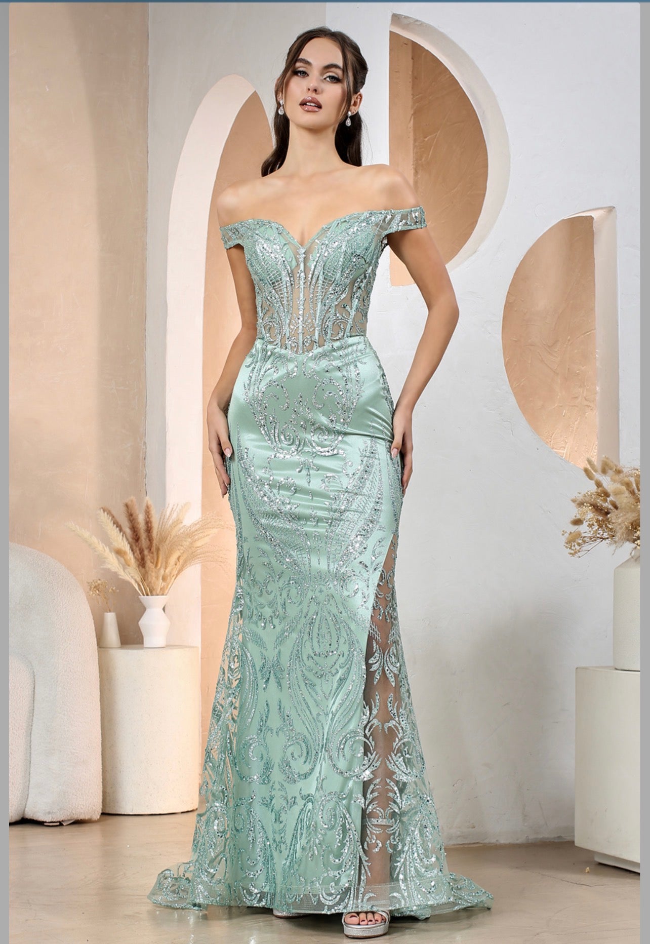 Embellishment with sequin design, see-through corset. 3168 BY ADORA DESIGN