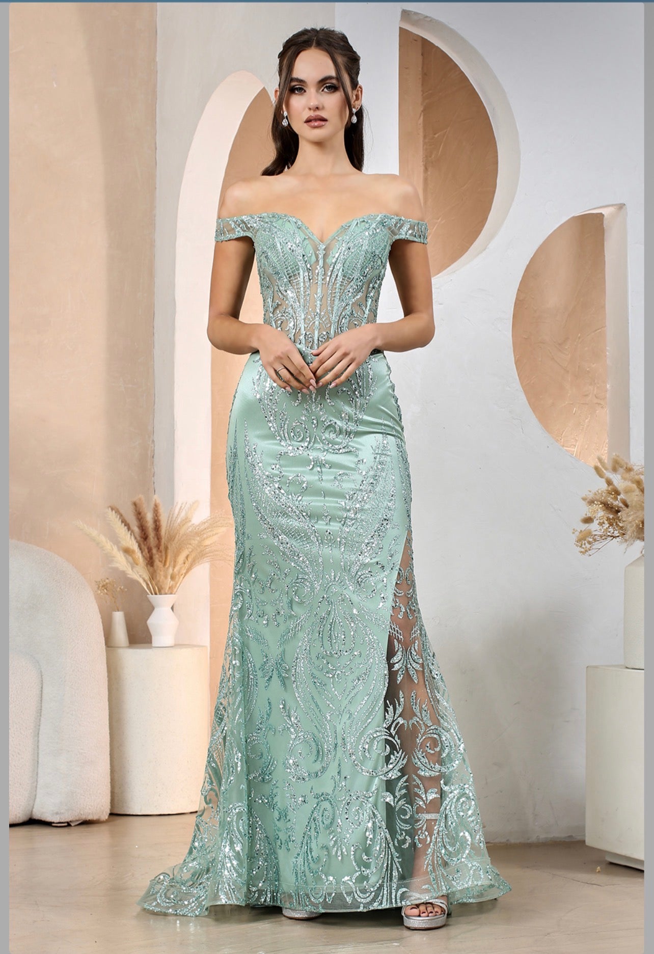 Embellishment with sequin design, see-through corset. 3168 BY ADORA DESIGN