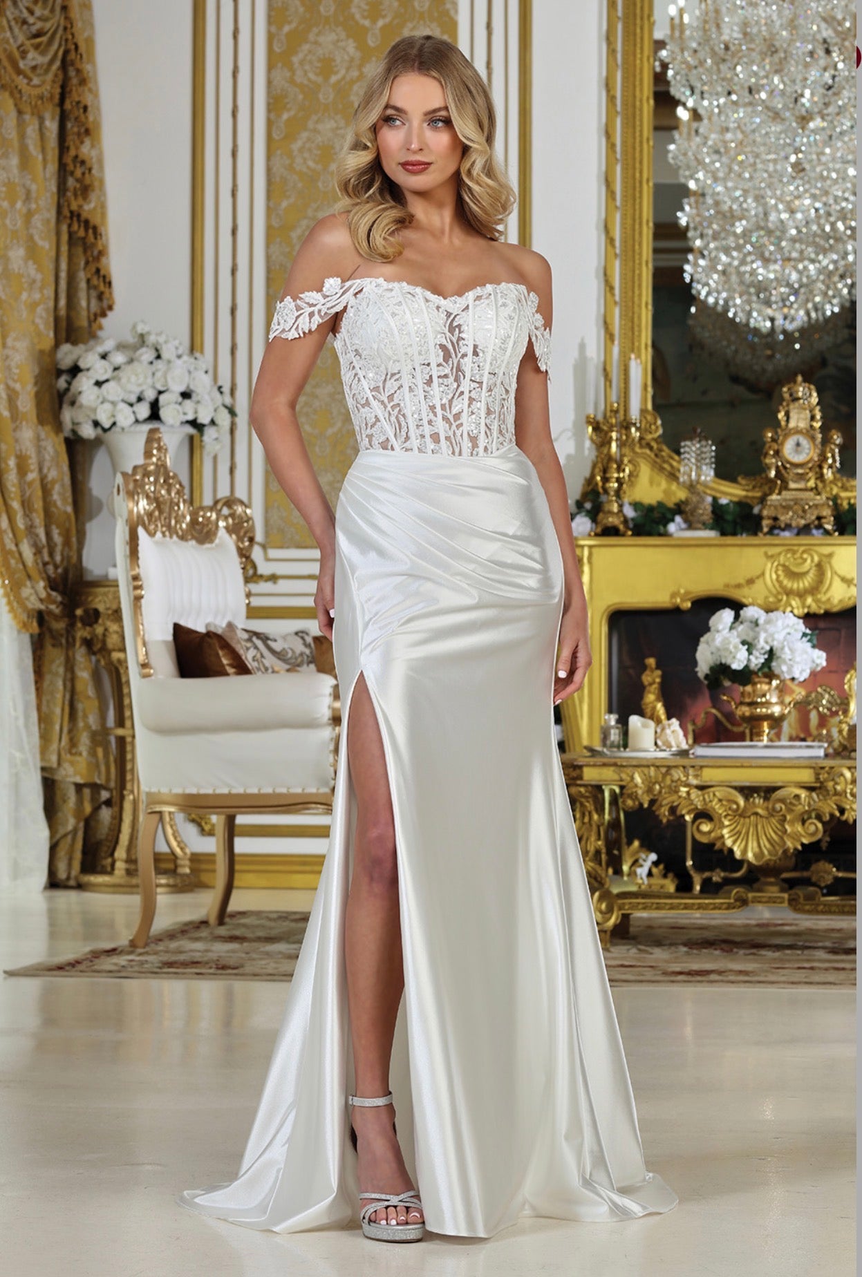 Satin mermaid off the shoulder dress. 3308-01 by ADORA DESIGN