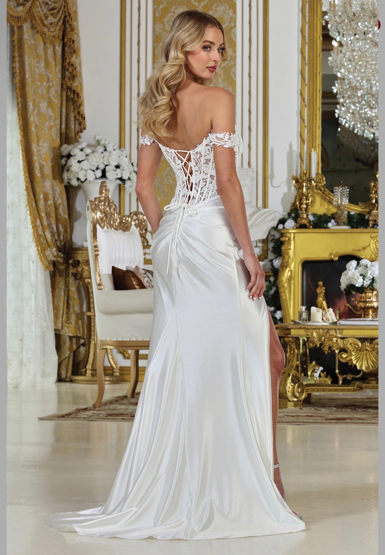 Satin mermaid off the shoulder dress. 3308-01 by ADORA DESIGN