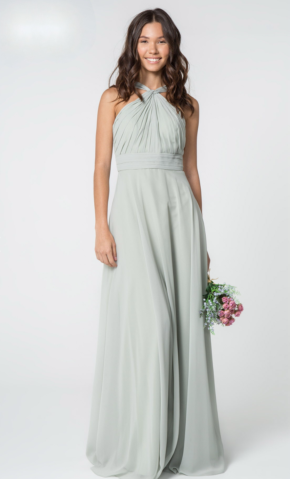 High-Neck Chiffon Ruched-Bodice. The bodice is fitted until it hits waist and flares out gracefully to the floor. GL2816 GLS BY Elizabeth K