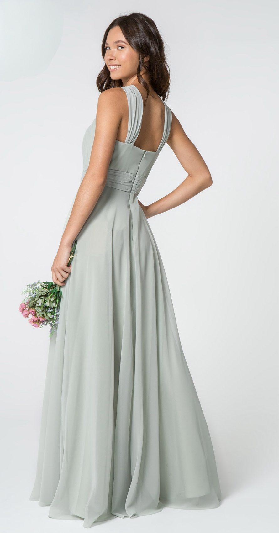 High-Neck Chiffon Ruched-Bodice. The bodice is fitted until it hits waist and flares out gracefully to the floor. GL2816 GLS BY Elizabeth K