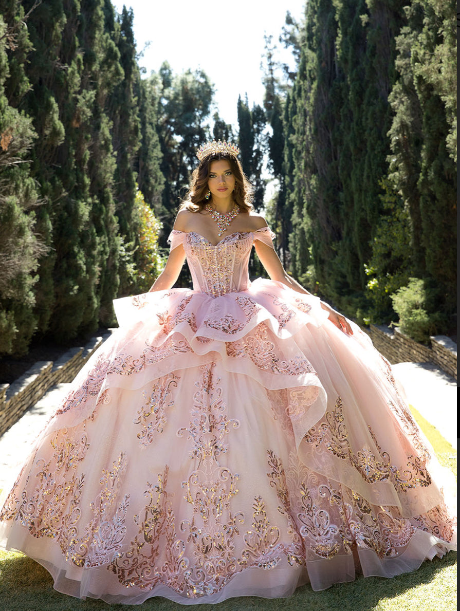 Long Train Embroidered Quince Dress. PQ1074 BY Bella couture.