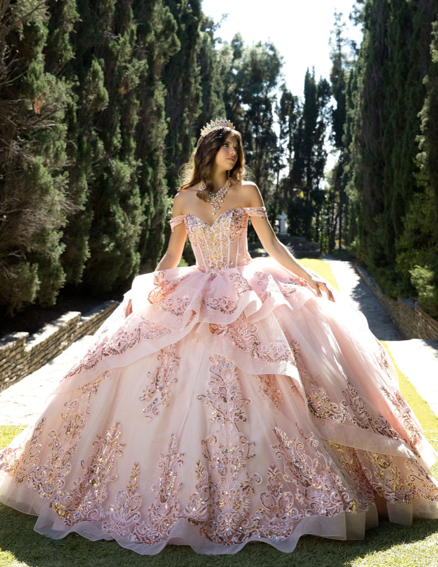 Long Train Embroidered Quince Dress. PQ1074 BY Bella couture.
