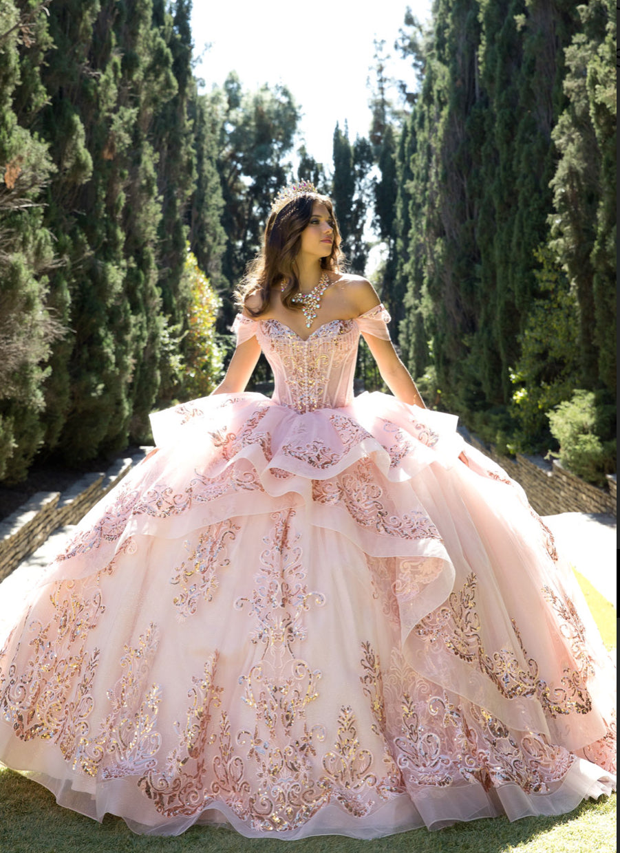 Long Train Embroidered Quince Dress. PQ1074 BY Bella couture.