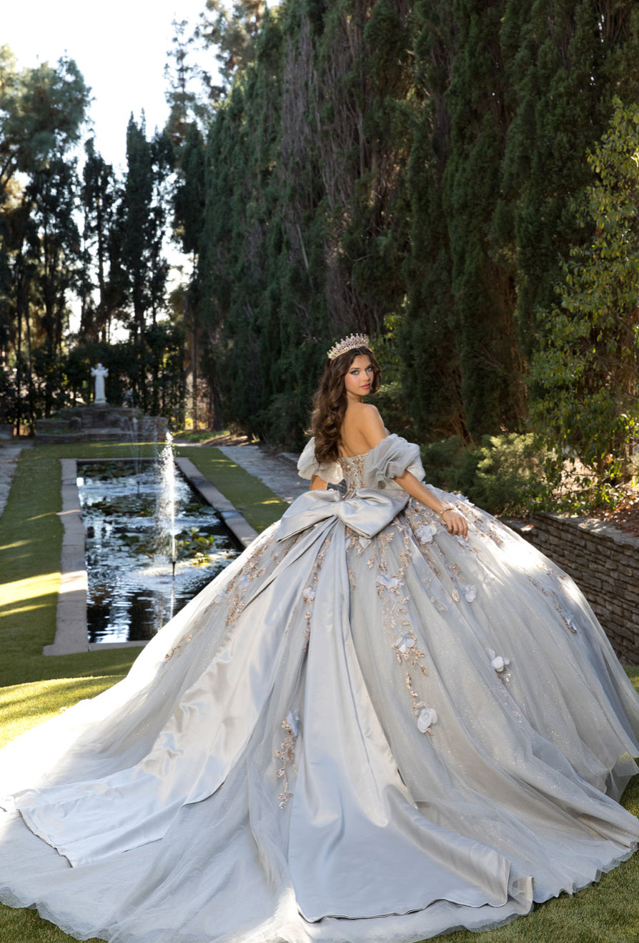Dreamy Enactment Grey and Gold Quince Dress. PQ1078 BY BELLA COUTURE