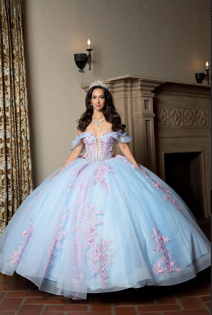 Floral Embroidery, Deep V Neckline Quince Dress. PQ1067 by Bella Couture