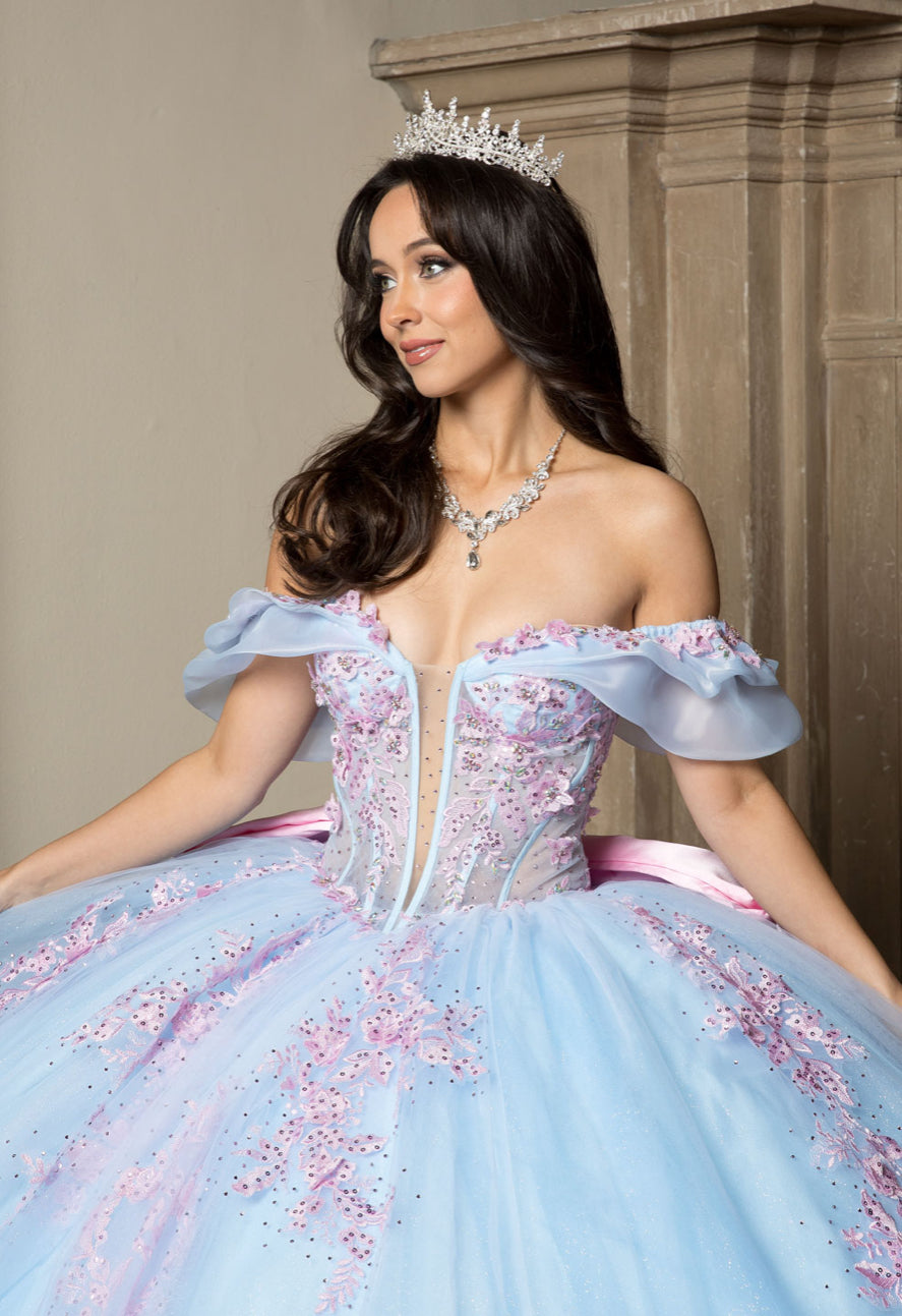 Floral Embroidery, Deep V Neckline Quince Dress. PQ1067 by Bella Couture