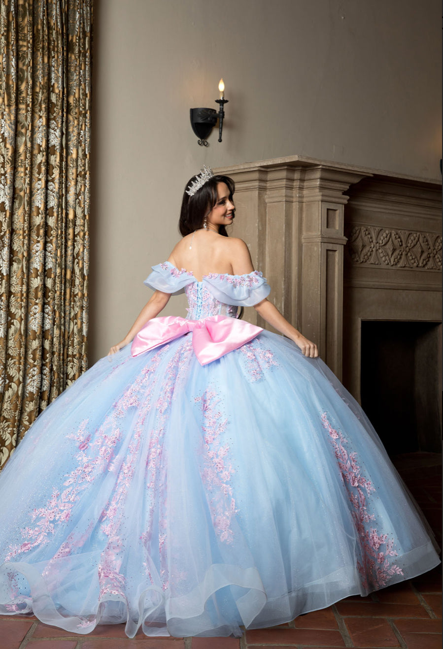 Floral Embroidery, Deep V Neckline Quince Dress. PQ1067 by Bella Couture