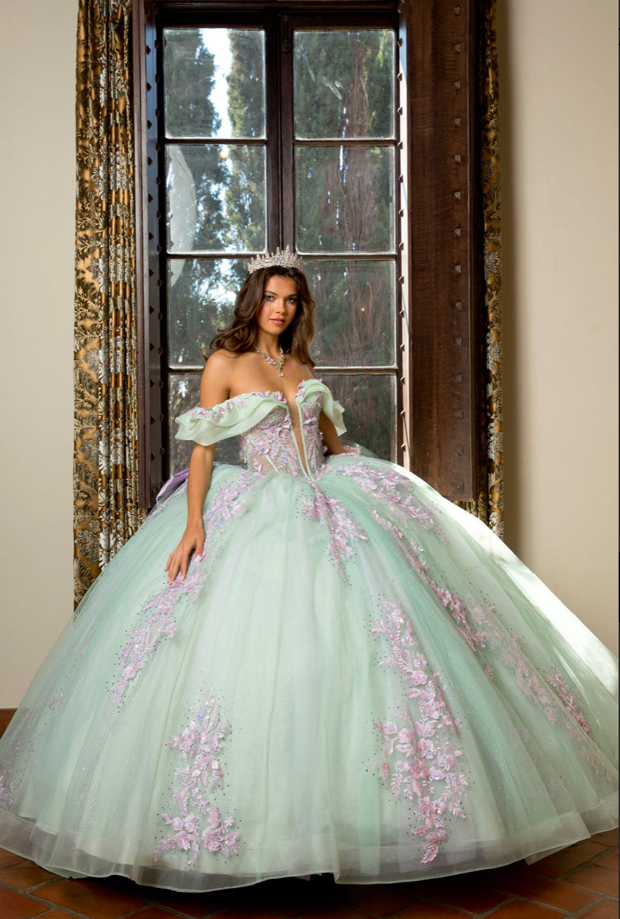 Floral Embroidery, Deep V Neckline Quince Dress. PQ1067 by Bella Couture