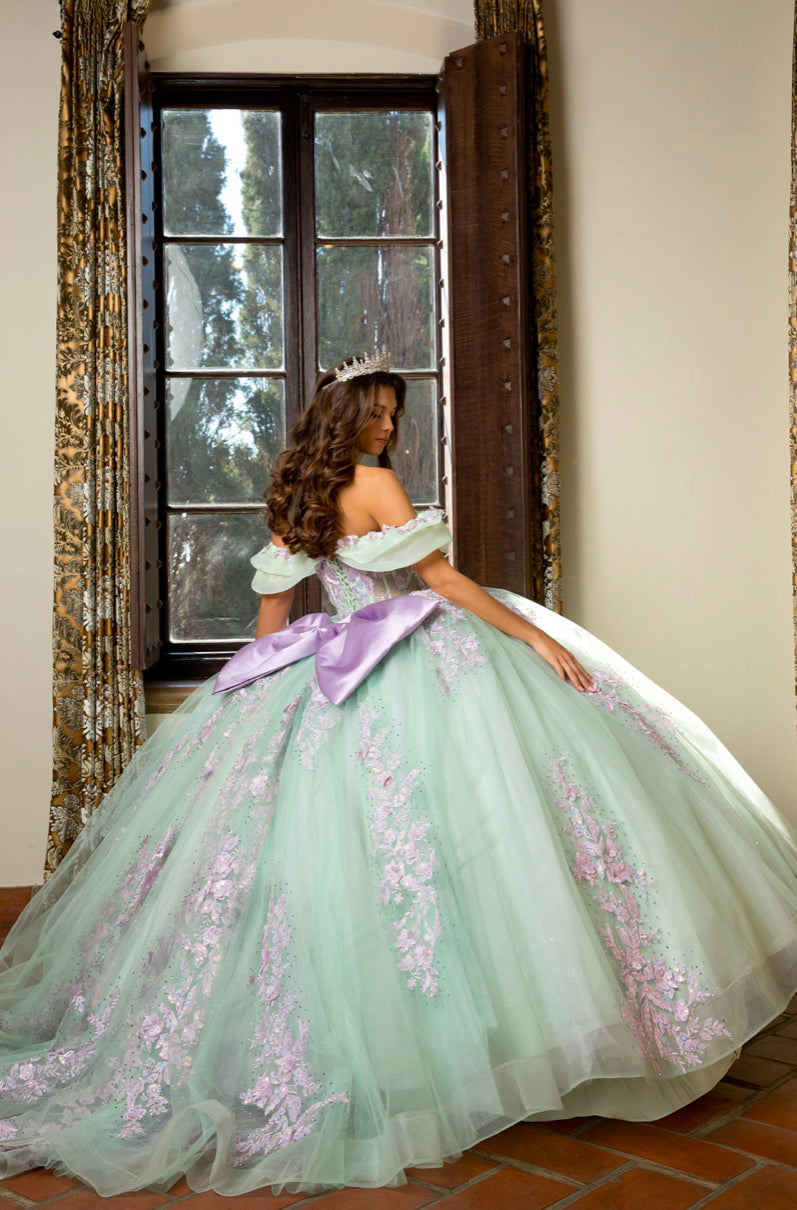 Floral Embroidery, Deep V Neckline Quince Dress. PQ1067 by Bella Couture
