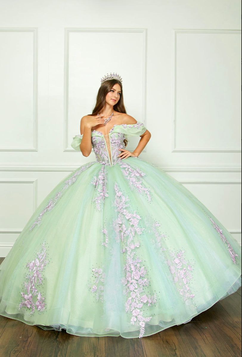 Floral Embroidery, Deep V Neckline Quince Dress. PQ1067 by Bella Couture