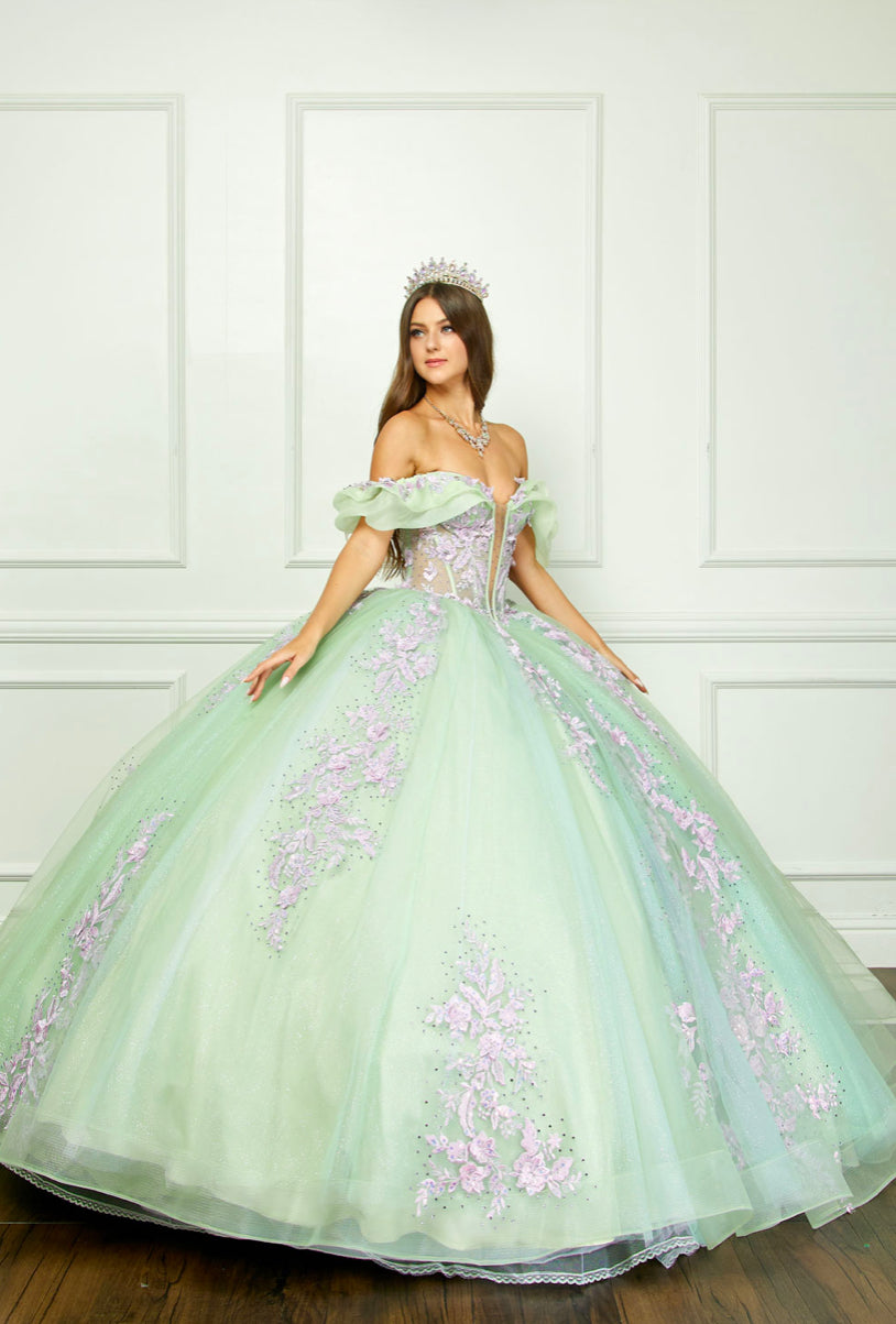 Floral Embroidery, Deep V Neckline Quince Dress. PQ1067 by Bella Couture