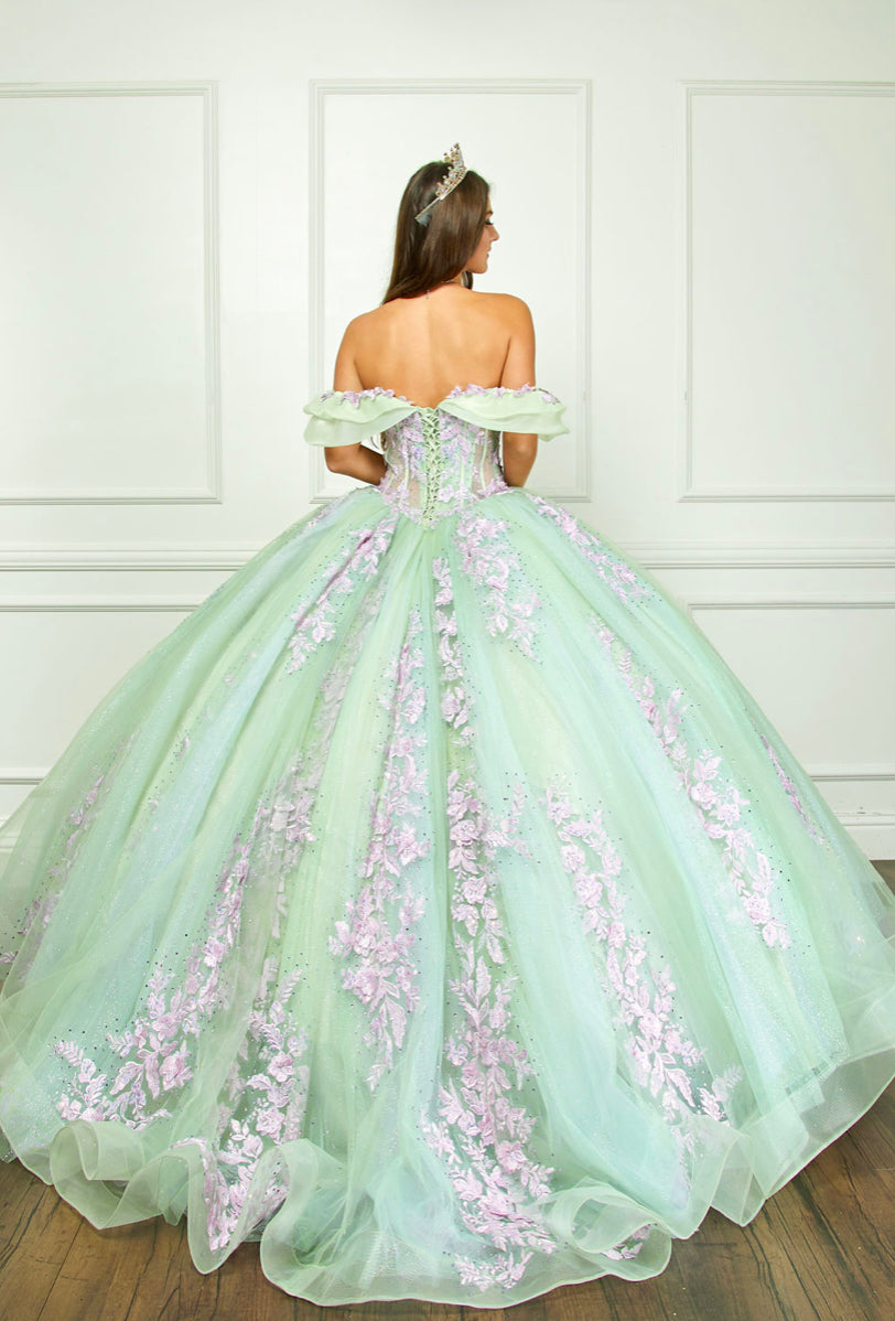 Floral Embroidery, Deep V Neckline Quince Dress. PQ1067 by Bella Couture
