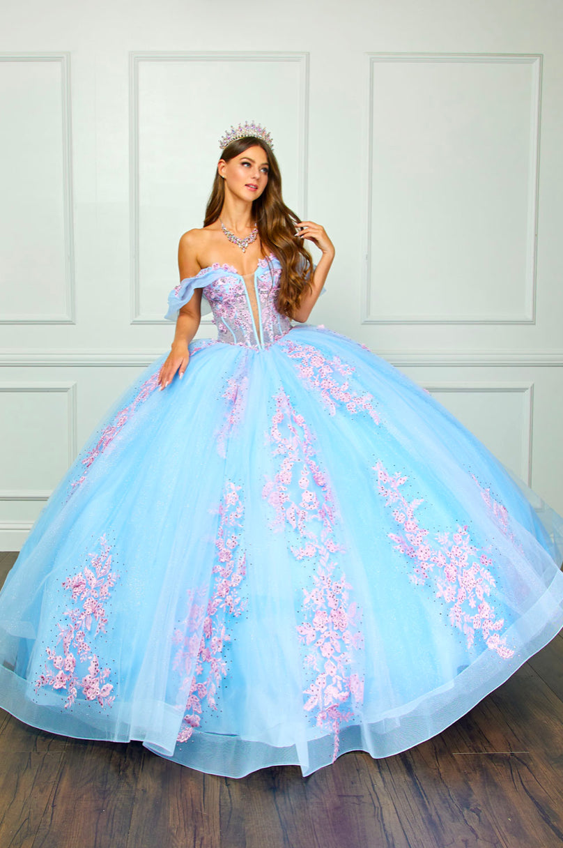 Floral Embroidery, Deep V Neckline Quince Dress. PQ1067 by Bella Couture