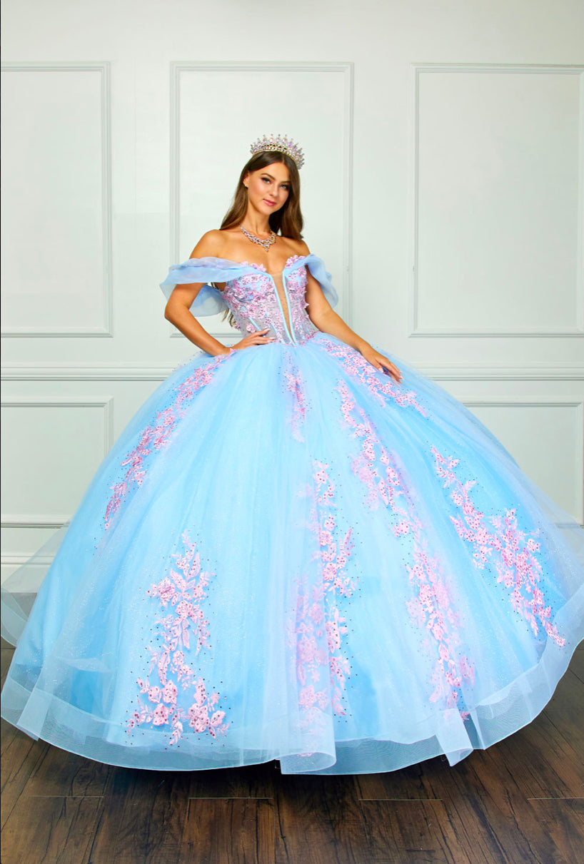 Floral Embroidery, Deep V Neckline Quince Dress. PQ1067 by Bella Couture
