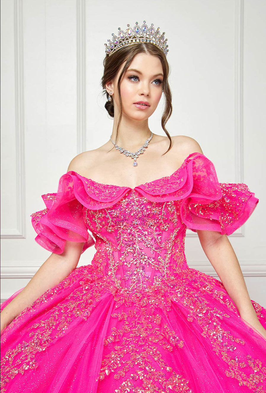 Hot Pink Iridescent Sequin Embroidery Dress. PQ1042 by Bella Couture