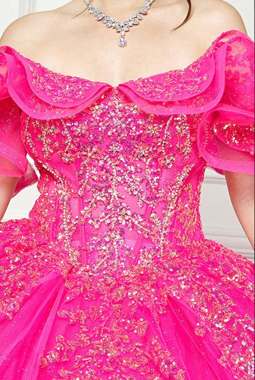 Hot Pink Iridescent Sequin Embroidery Dress. PQ1042 by Bella Couture
