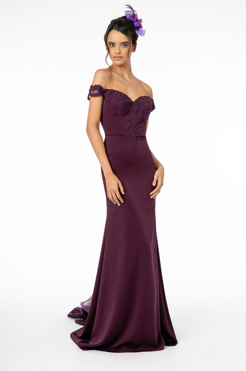 Embroidered Cut-Away Shoulder Jersey Long Dress w/ V-Back. GL2958 GLS BY Elizabeth K