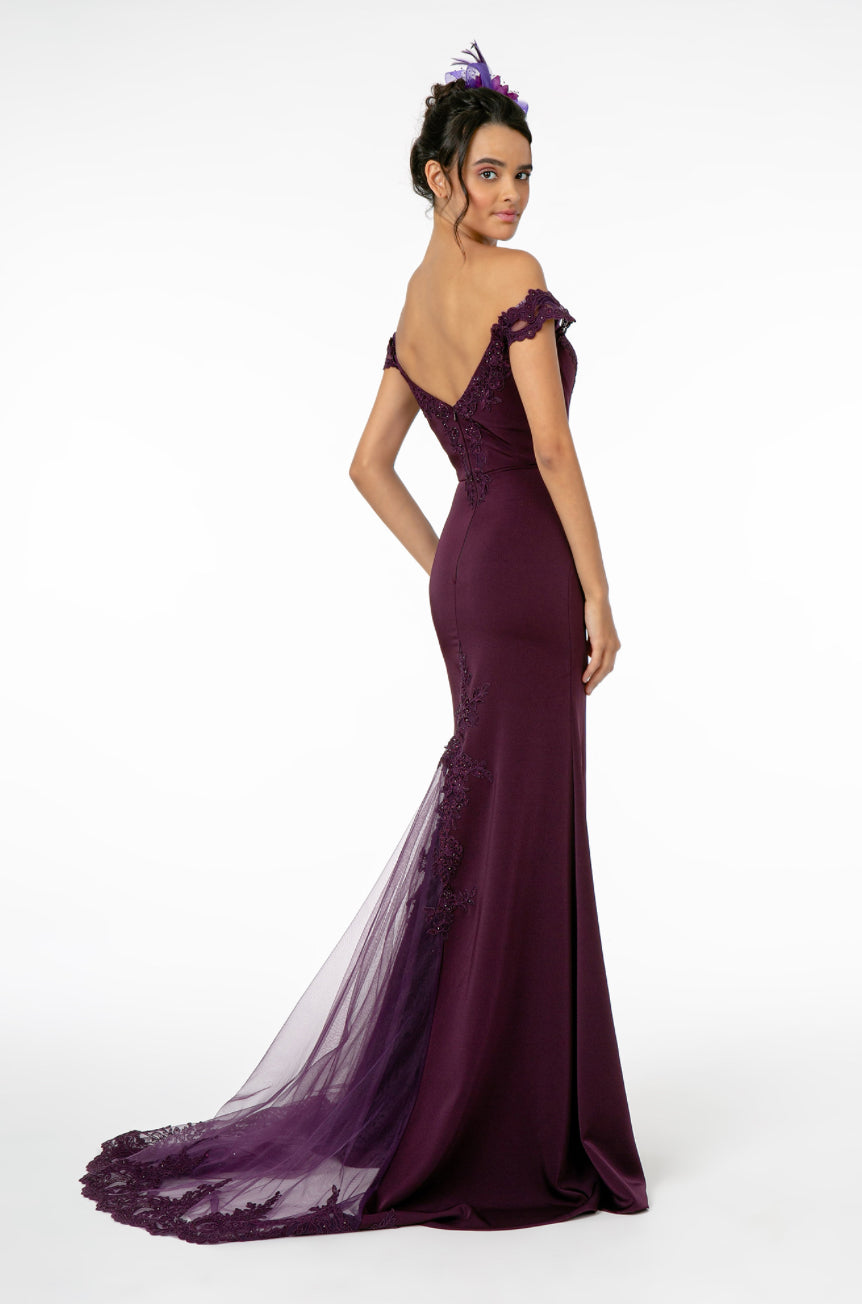 Embroidered Cut-Away Shoulder Jersey Long Dress w/ V-Back. GL2958 GLS BY Elizabeth K