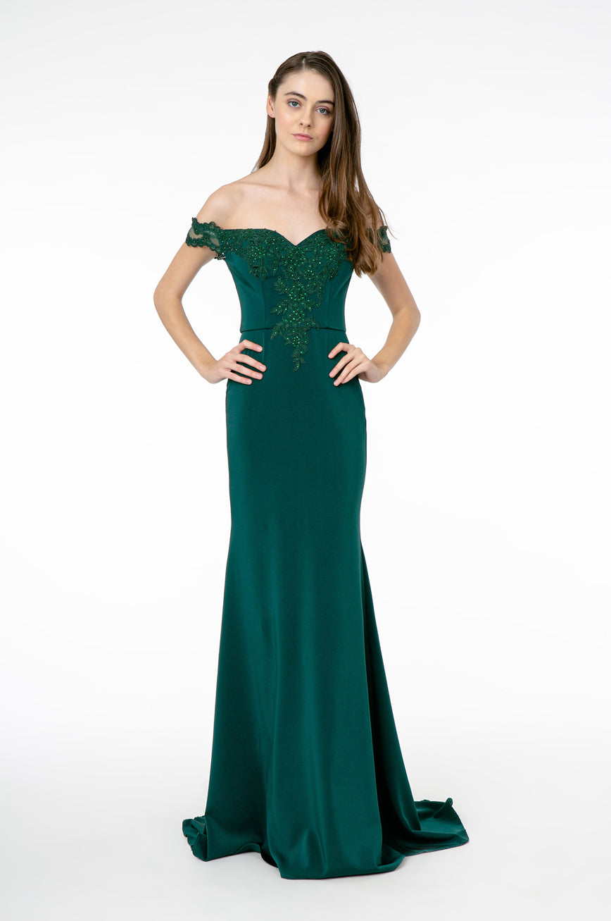 Embroidered Cut-Away Shoulder Jersey Long Dress w/ V-Back. GL2958 GLS BY Elizabeth K