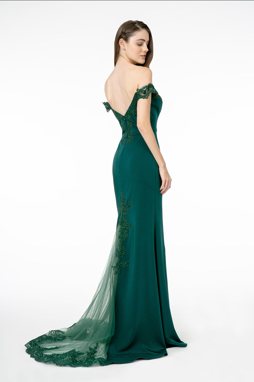 Embroidered Cut-Away Shoulder Jersey Long Dress w/ V-Back. GL2958 GLS BY Elizabeth K