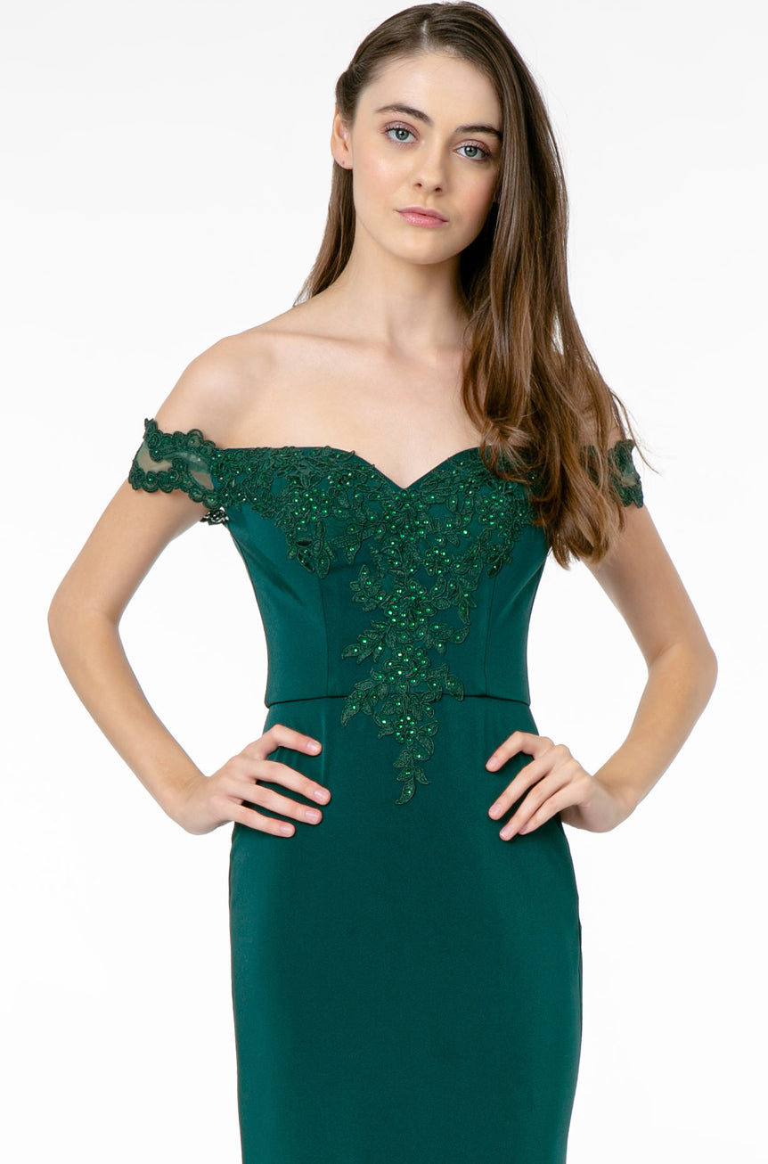 Embroidered Cut-Away Shoulder Jersey Long Dress w/ V-Back. GL2958 GLS BY Elizabeth K