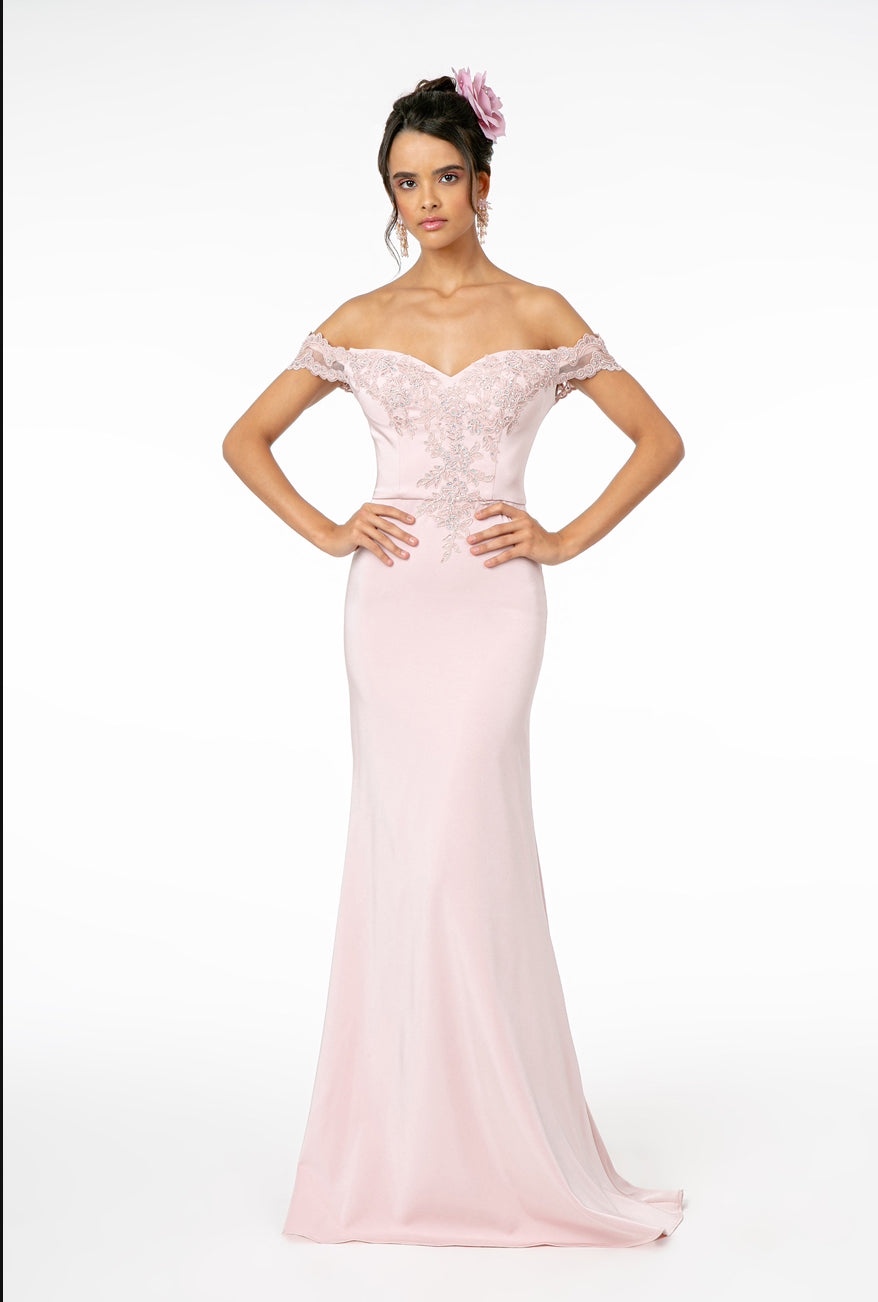 Embroidered Cut-Away Shoulder Jersey Long Dress w/ V-Back. GL2958 GLS BY Elizabeth K