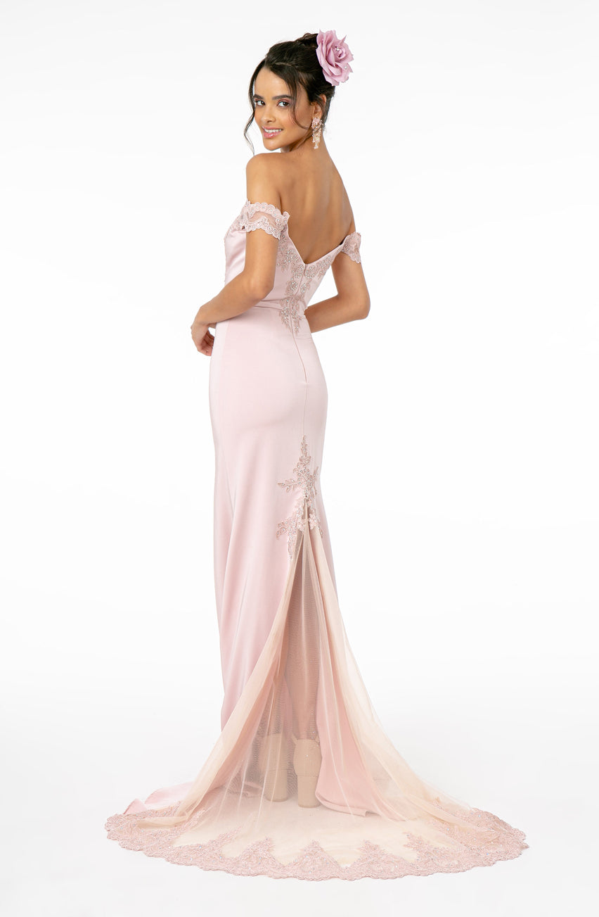 Embroidered Cut-Away Shoulder Jersey Long Dress w/ V-Back. GL2958 GLS BY Elizabeth K