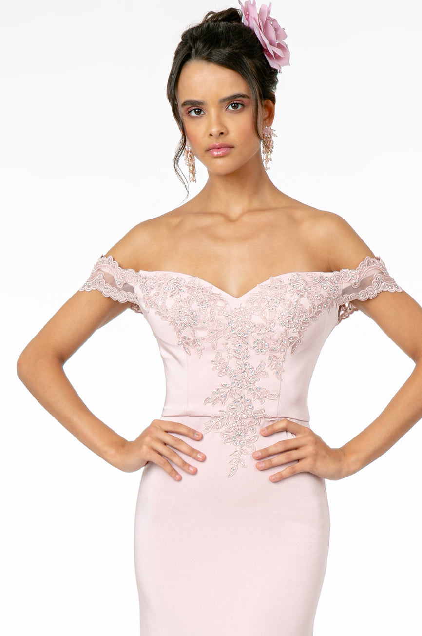 Embroidered Cut-Away Shoulder Jersey Long Dress w/ V-Back. GL2958 GLS BY Elizabeth K
