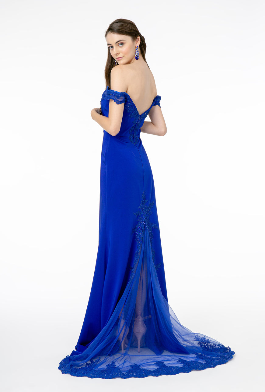 Embroidered Cut-Away Shoulder Jersey Long Dress w/ V-Back. GL2958 GLS BY Elizabeth K