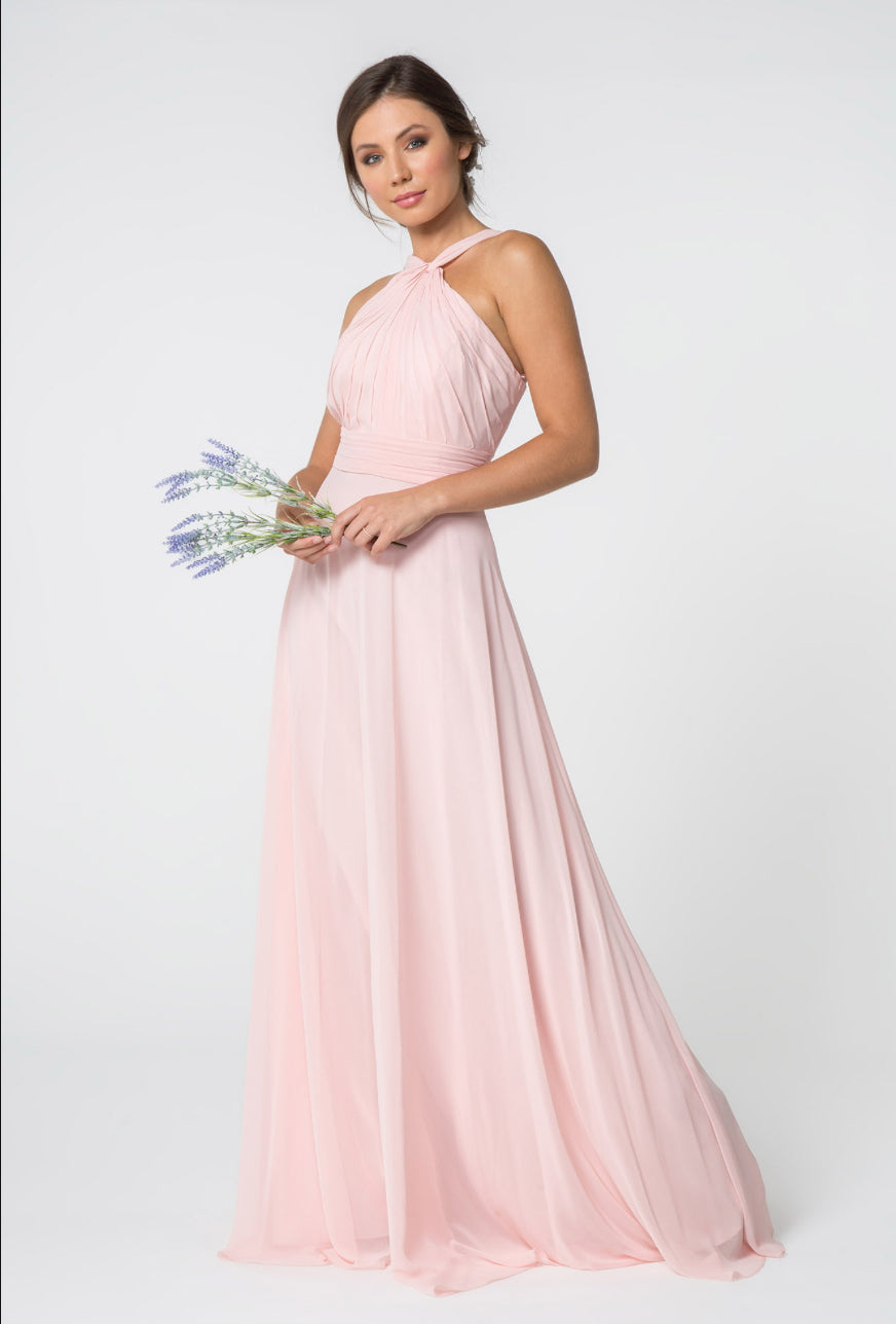 High-Neck Chiffon Ruched-Bodice. The bodice is fitted until it hits waist and flares out gracefully to the floor. GL2816 GLS BY Elizabeth K