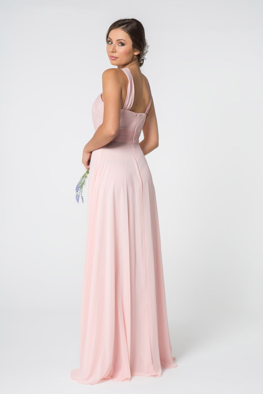 High-Neck Chiffon Ruched-Bodice. The bodice is fitted until it hits waist and flares out gracefully to the floor. GL2816 GLS BY Elizabeth K