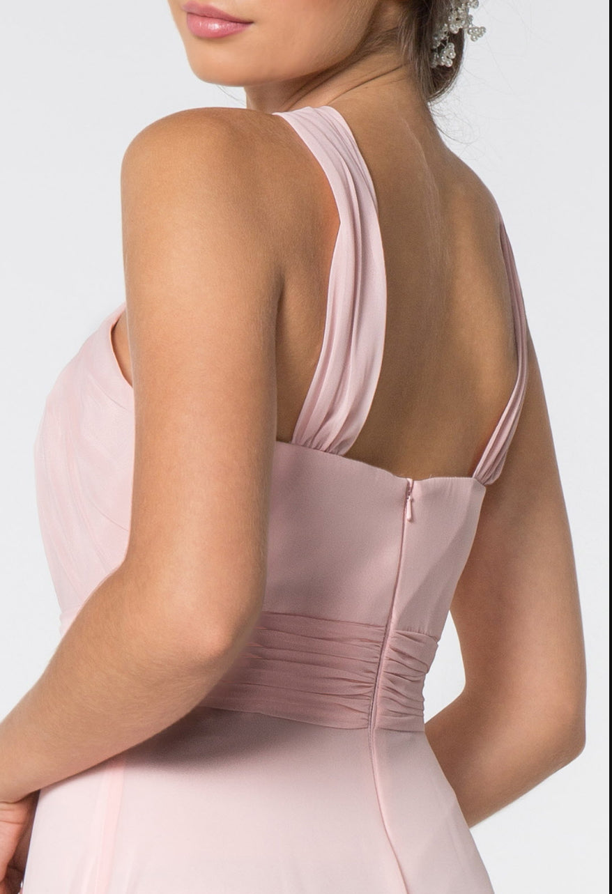 High-Neck Chiffon Ruched-Bodice. The bodice is fitted until it hits waist and flares out gracefully to the floor. GL2816 GLS BY Elizabeth K