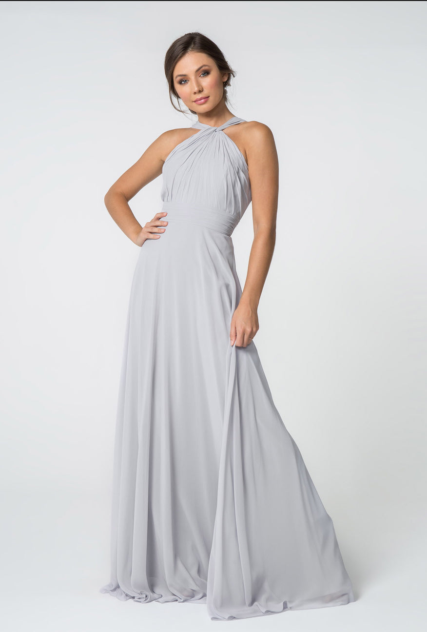High-Neck Chiffon Ruched-Bodice. The bodice is fitted until it hits waist and flares out gracefully to the floor. GL2816 GLS BY Elizabeth K