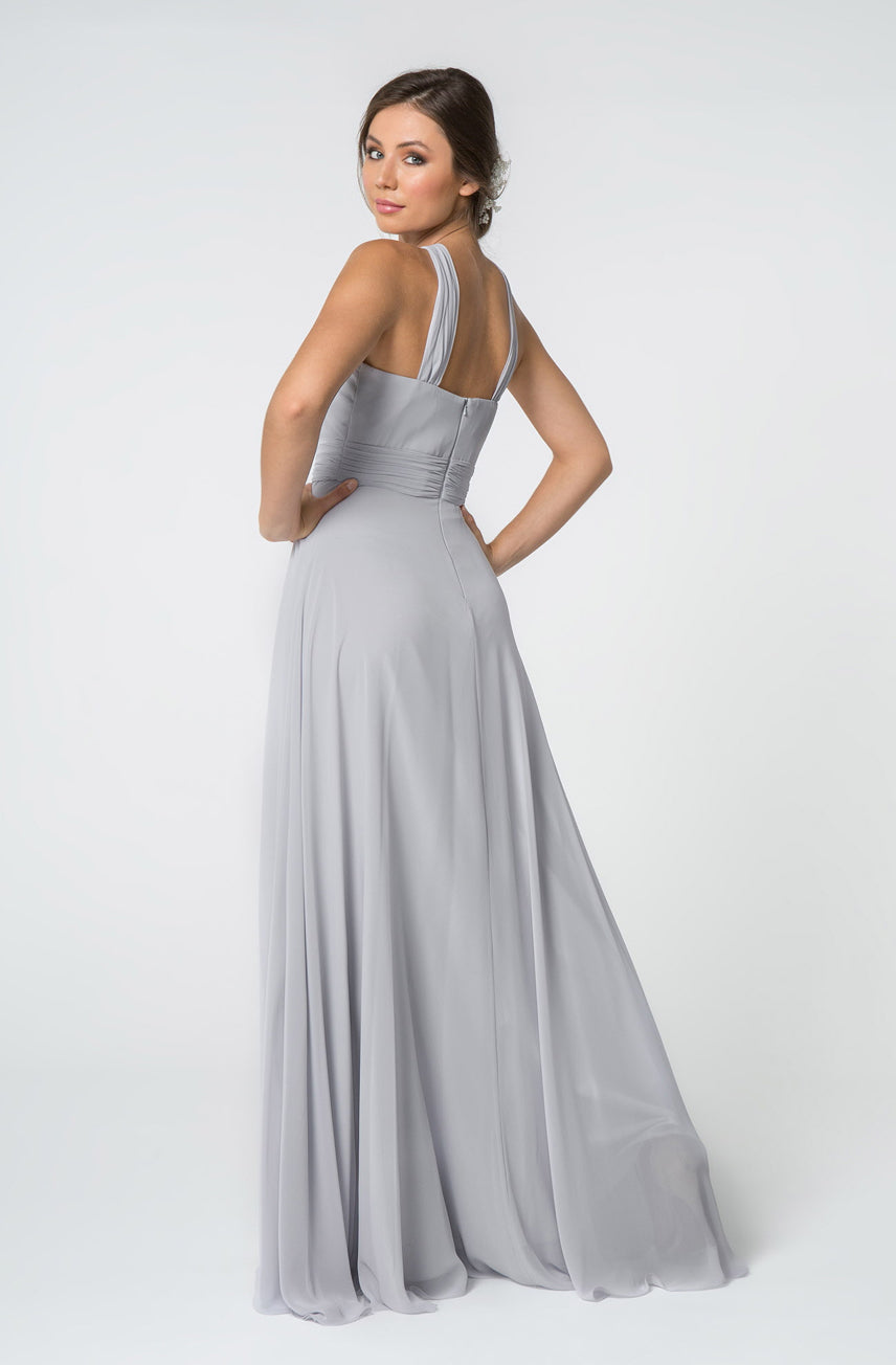 High-Neck Chiffon Ruched-Bodice. The bodice is fitted until it hits waist and flares out gracefully to the floor. GL2816 GLS BY Elizabeth K