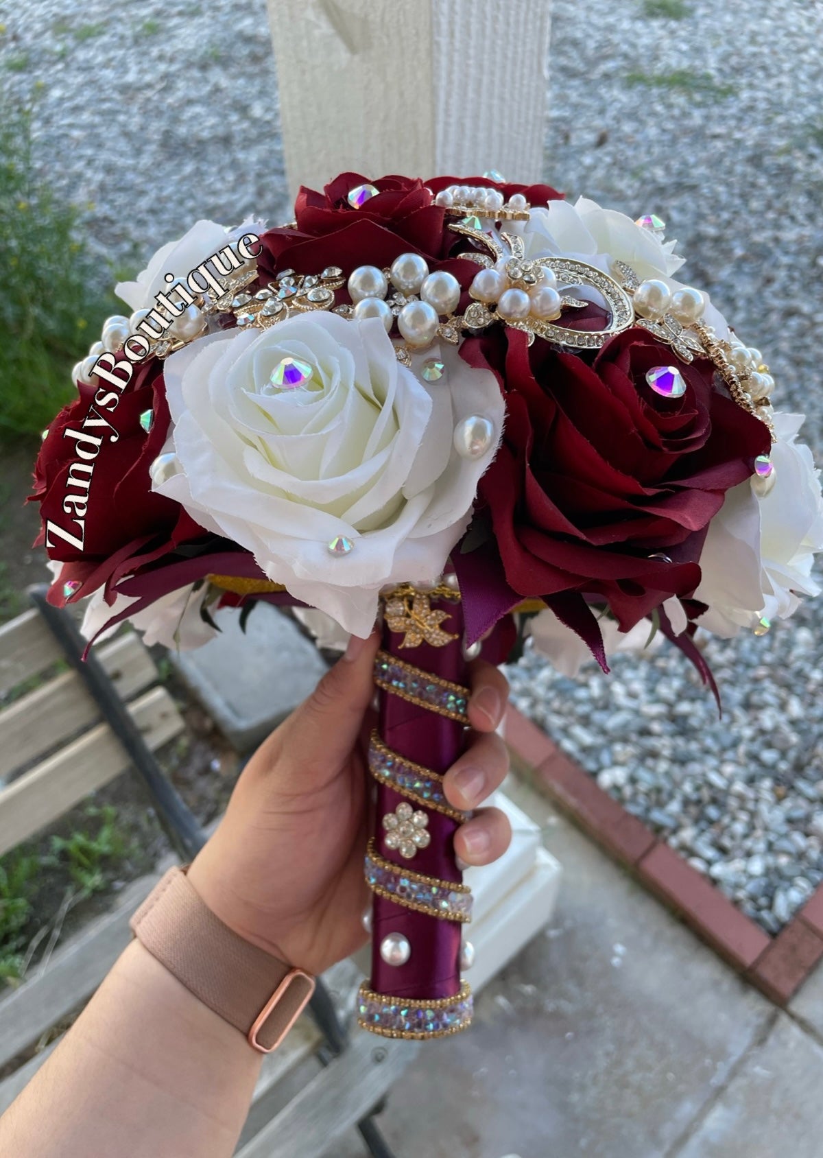 Burgundy, and Ivory with Gold Brooches and Pearls Bouquet. BURIV022 by MARINA’S CRAFT. PREORDER AVAILABLE!