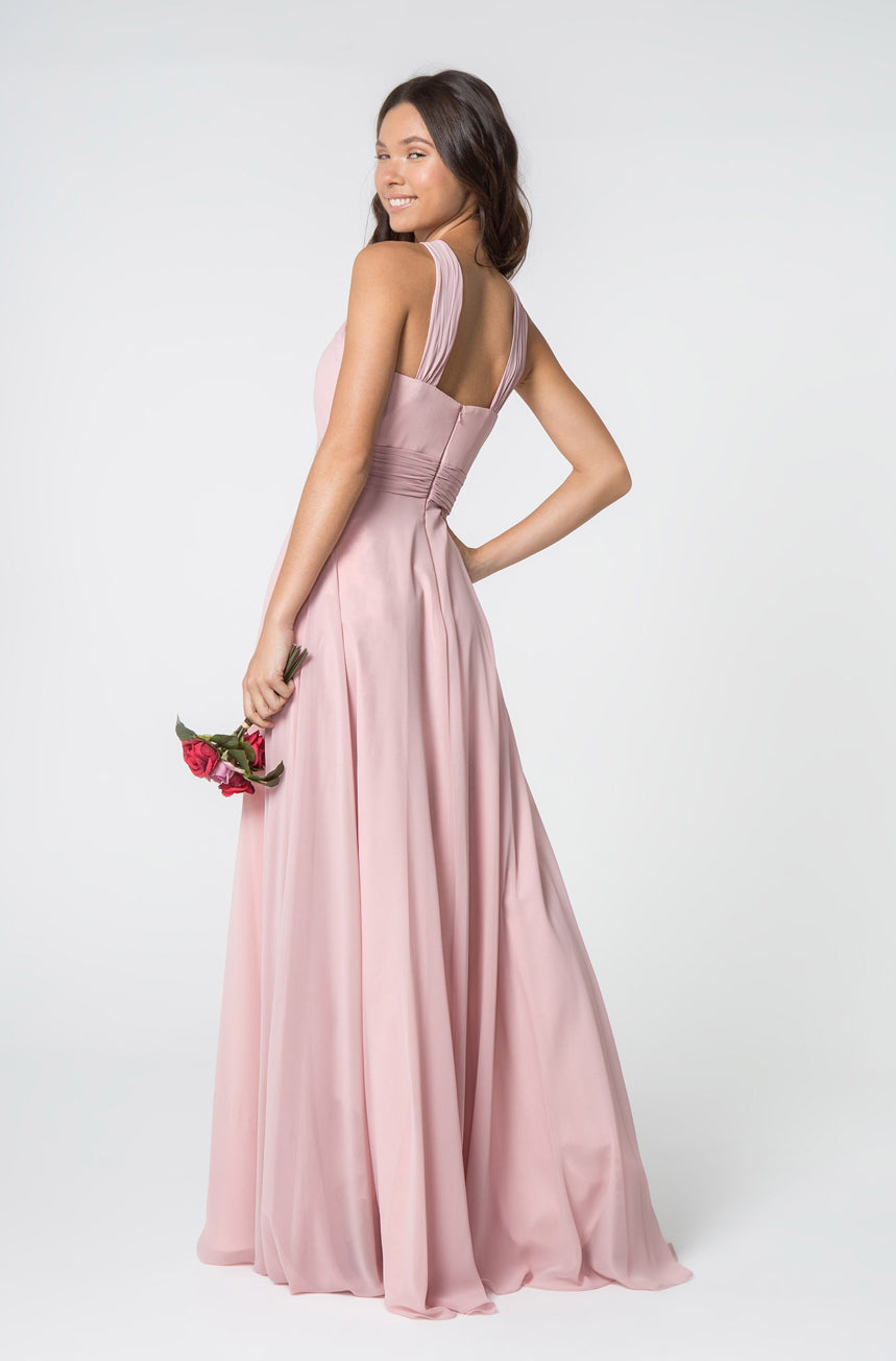 High-Neck Chiffon Ruched-Bodice. The bodice is fitted until it hits waist and flares out gracefully to the floor. GL2816 GLS BY Elizabeth K