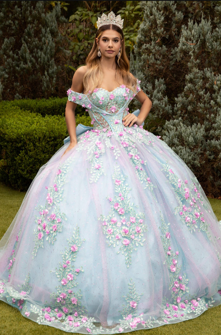 This princess dress with its 3D flower appliques and fern-like, sequined embroidery designs . GL3523 GLS by Gloria