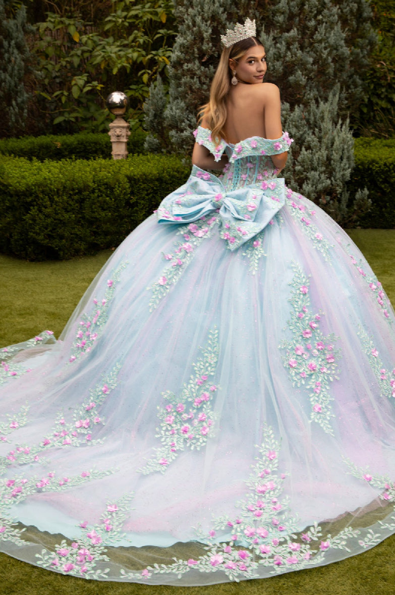 This princess dress with its 3D flower appliques and fern-like, sequined embroidery designs . GL3523 GLS by Gloria
