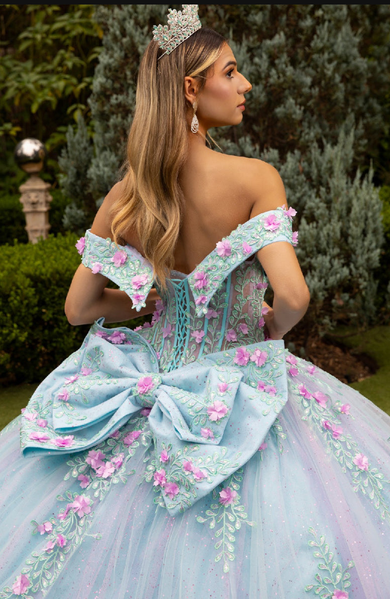 This princess dress with its 3D flower appliques and fern-like, sequined embroidery designs . GL3523 GLS by Gloria