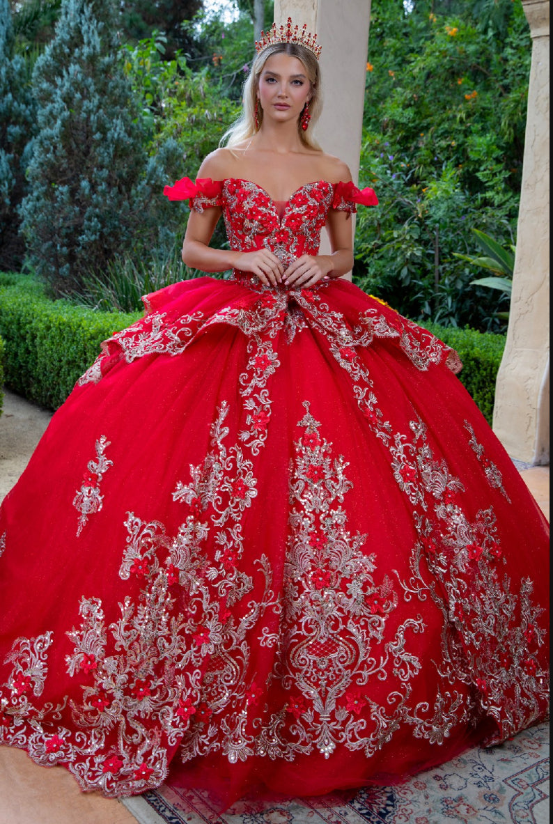 Dress with metallic embroidery, 3D flower appliques, the jewels, and the sequins. Gl3528 by Gloria