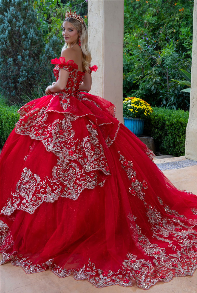Dress with metallic embroidery, 3D flower appliques, the jewels, and the sequins. Gl3528 by Gloria