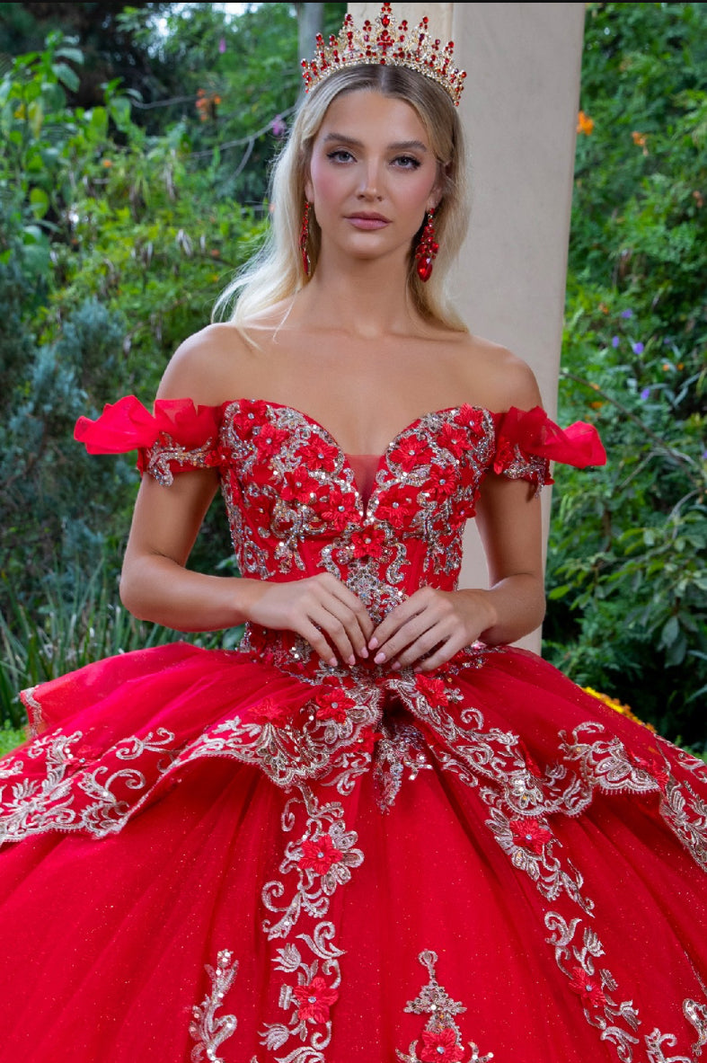 Dress with metallic embroidery, 3D flower appliques, the jewels, and the sequins. Gl3528 by Gloria